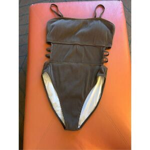 NEW Brown High Leg 1 Pc Swimsuit Tummy Control Ribbed Hollow Side M